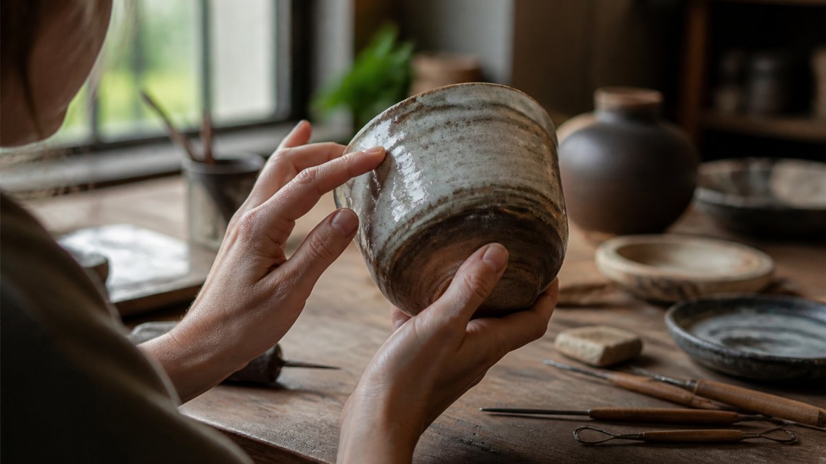 Close-up of hands examining a handcrafted ceramic bowl, fingers tracing the glaze texture and subtle surface variations, natural window light highlighting the tactile details and maker's marks