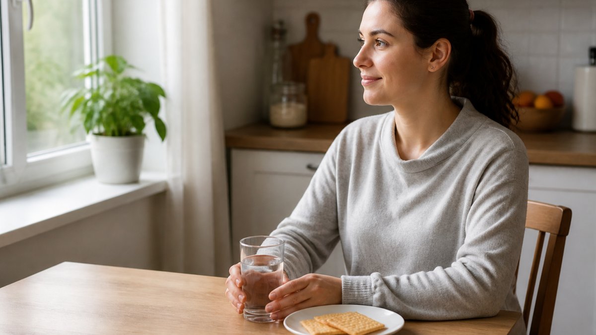A person sitting comfortably at a kitchen table with a glass of water and a small bland snack, looking calm and relieved, natural daylight coming through a window