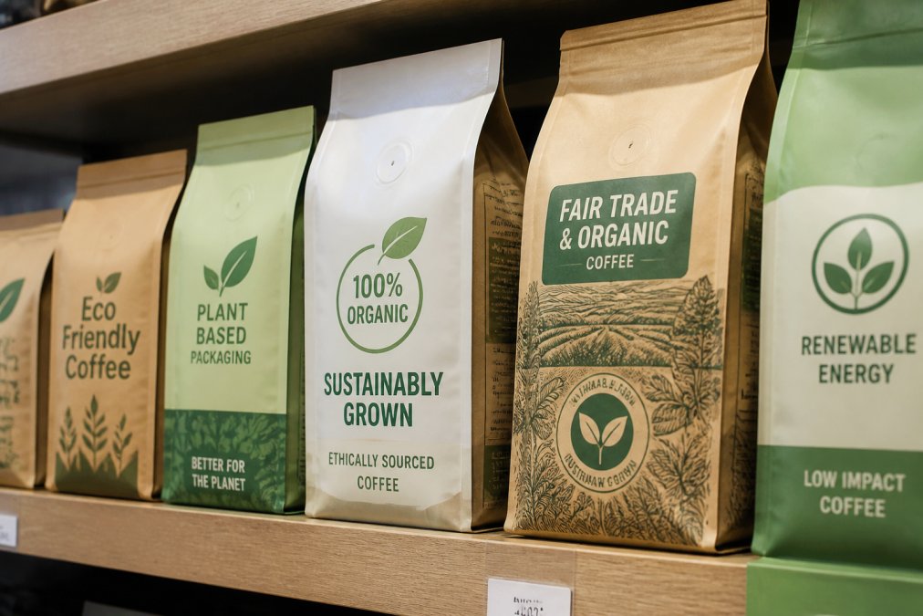 Close-up of multiple coffee bags displayed on shelf showing various green labels, leaf logos, sustainability claims in different fonts and earth-tone packaging designs