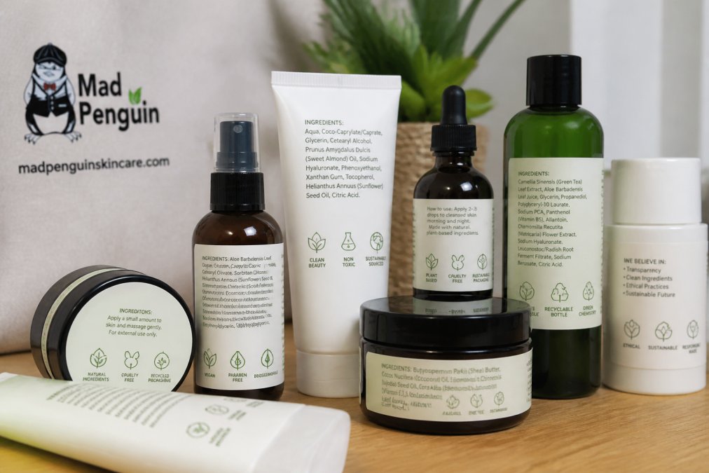 Close-up of skincare product labels and packaging showing ingredient lists, sustainability claims, and certification logos on various bottles and jars arranged on a natural wood surface with soft natural lighting