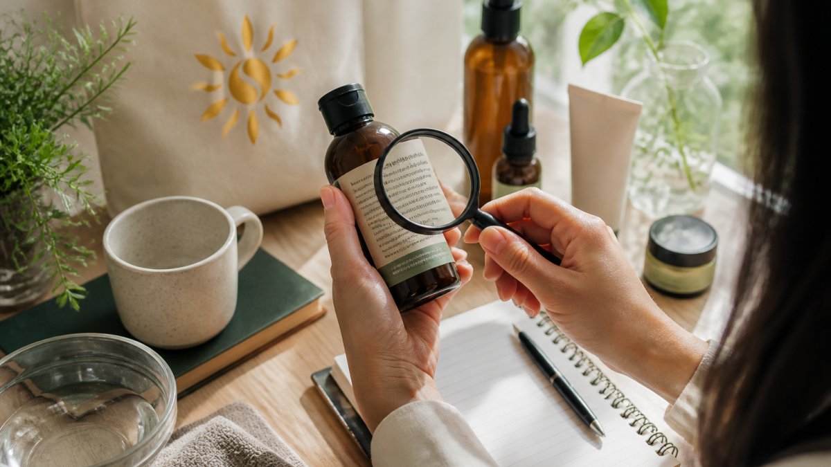 Close-up of hands holding a skincare product bottle, examining the ingredient label and INCI list with a magnifying glass in natural light