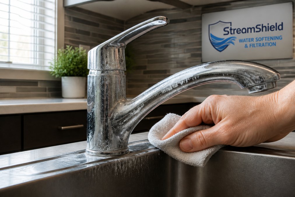 Hand wiping chalky mineral scale from a chrome kitchen faucet affected by hard water