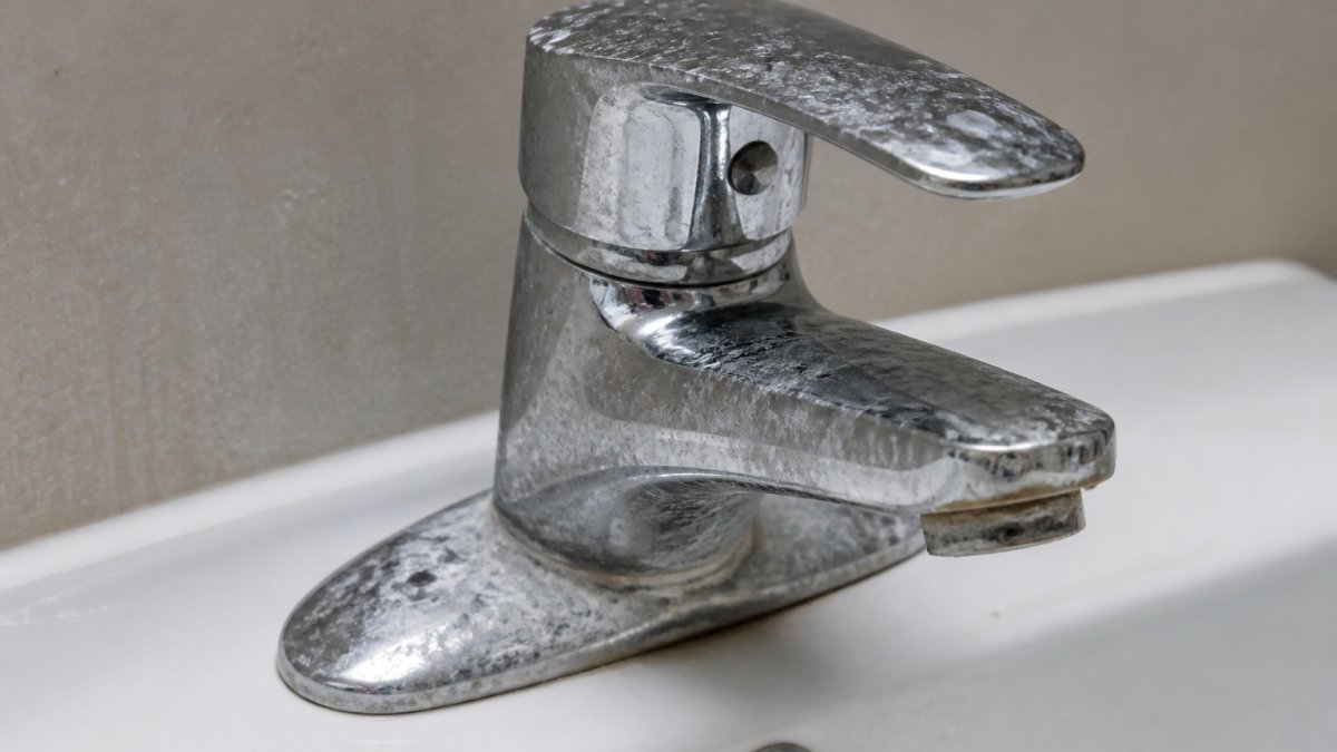 Diagram highlighting signs of hard water through chalky mineral deposits and limescale on a chrome faucet.