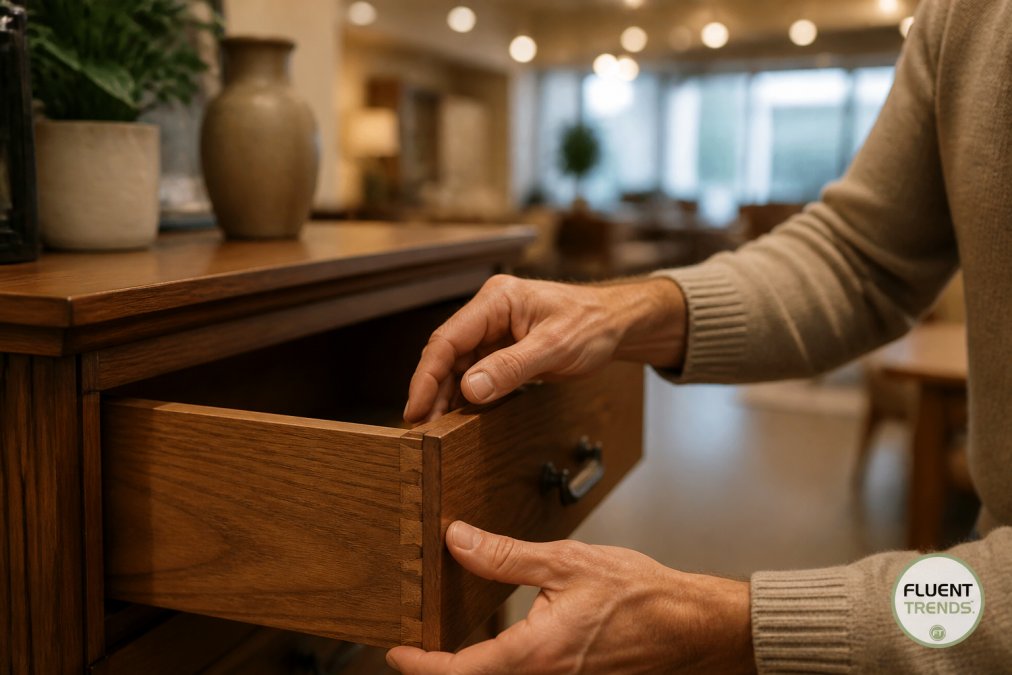 A close-up of a person's hands running along the edge of a solid wood drawer, checking the dovetail joints and grain, in a warmly lit furniture showroom