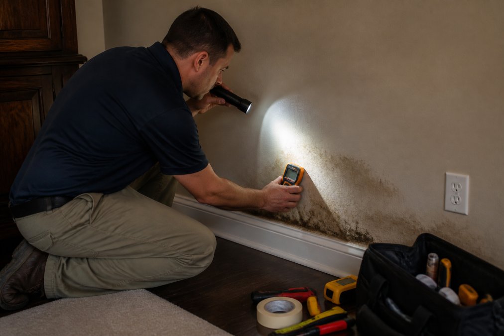 A homeowner kneeling beside a baseboard holding a moisture meter against stained drywall in a dimly lit room, flashlight beam catching water marks