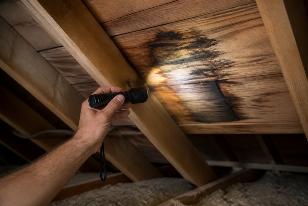 A homeowner's hand pointing a flashlight beam at a dark water stain on a wooden attic rafter, showing the discoloration clearly against the dry wood