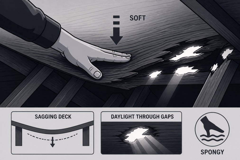 Close-up of a homeowner's hand pressing on deteriorated, soft roof decking material in an attic, showing visible sagging and spongy texture with daylight visible through gaps in the wood