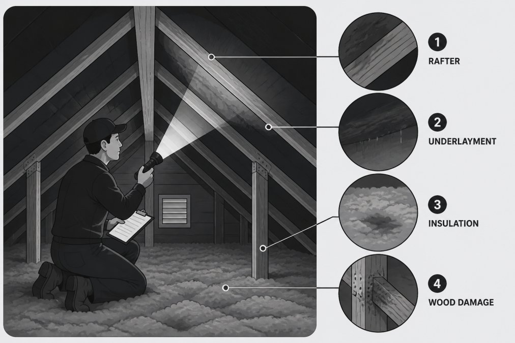 Interior attic space showing a professional inspector with a flashlight carefully examining roof rafters, insulation, and underlayment for water stains and moisture damage