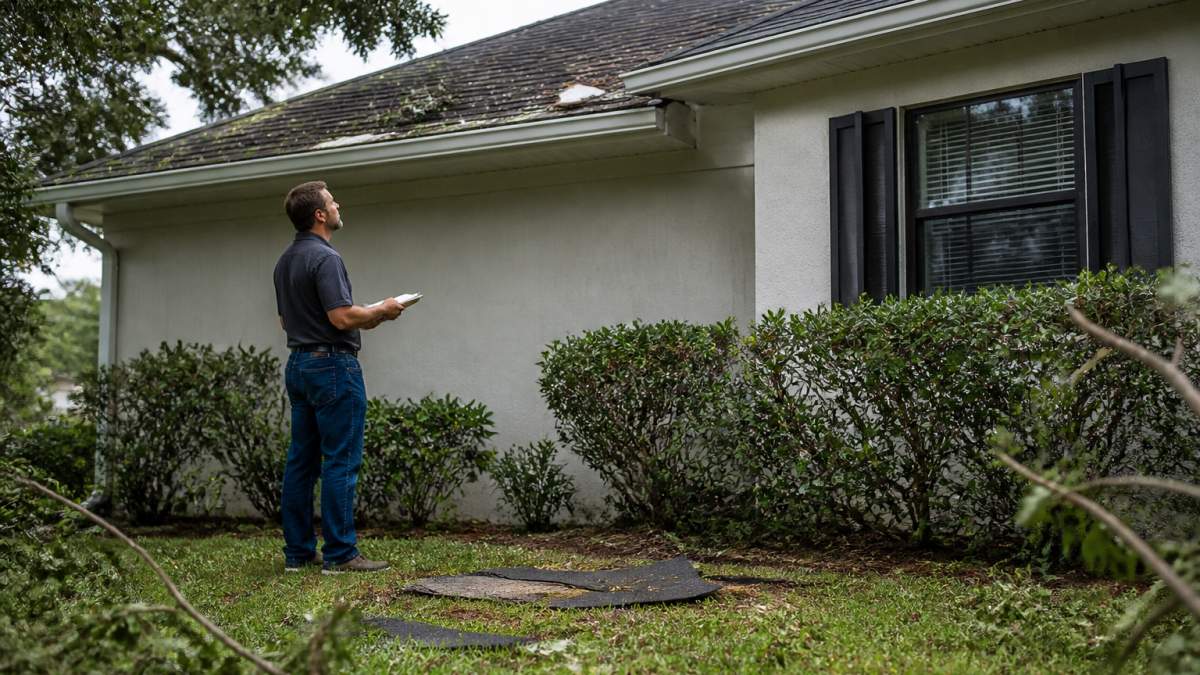 A homeowner walking the perimeter of a house after a storm, looking up at the roof edge while holding a notepad, with fallen branches and scattered shingle fragments visible on the ground nearby