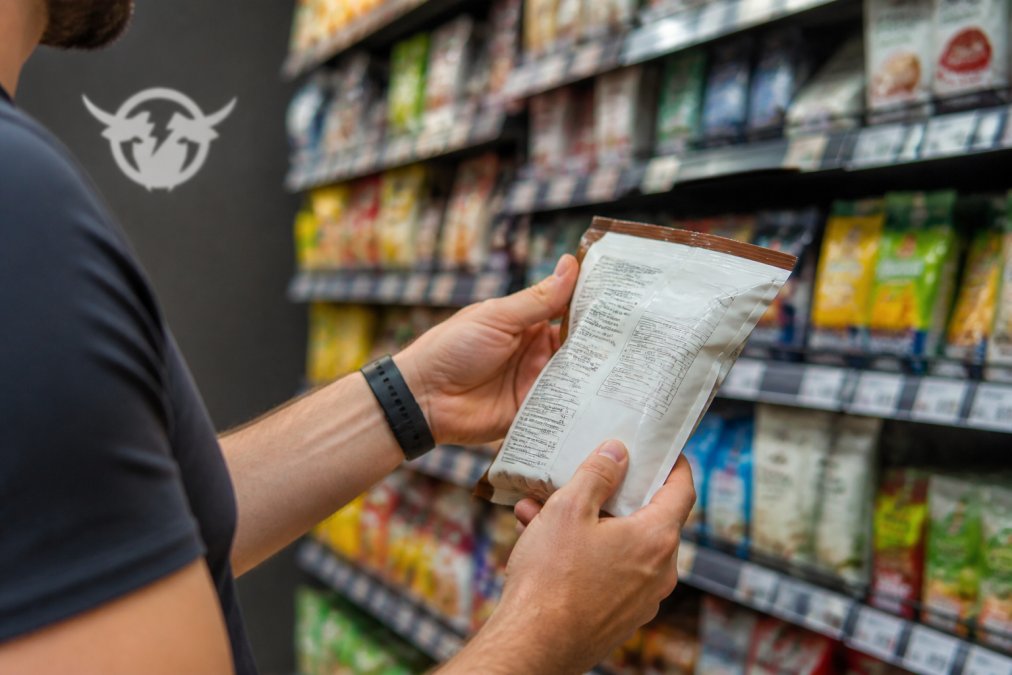 Shopper checking an ingredient label in a grocery store to identify sources of hidden sugar.