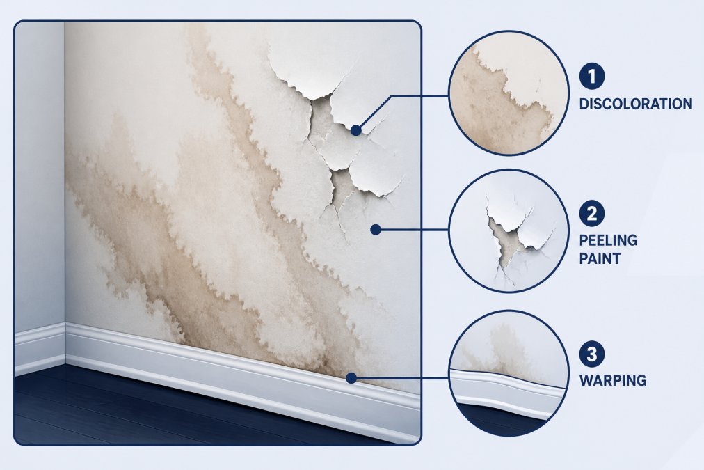 Close-up of drywall showing water stains in tan and brown tones, bubbling paint peeling away from surface, and visible discoloration spreading across wall section in residential interior
