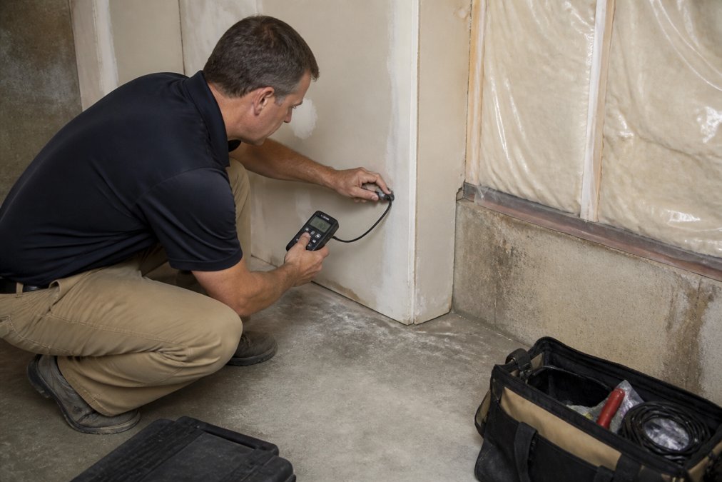 Homeowner holding moisture meter probe against drywall in basement corner, checking for hidden moisture behind wall surface, with natural basement lighting