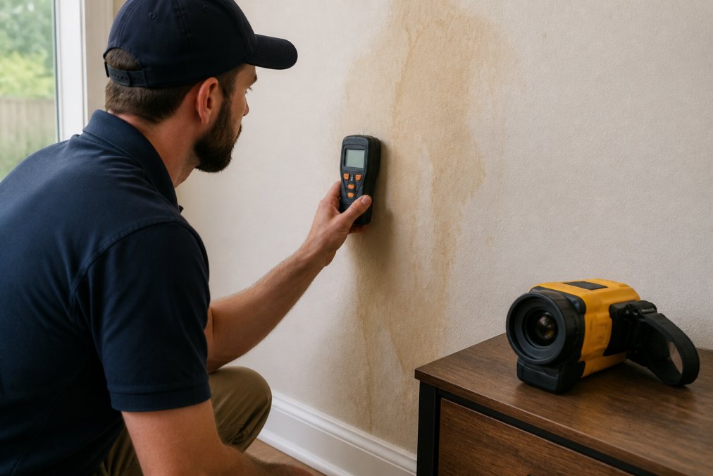 A homeowner holding a handheld moisture meter against a wall with a visible water stain, pointing the device at the discolored area while a thermal imaging camera rests on a nearby table