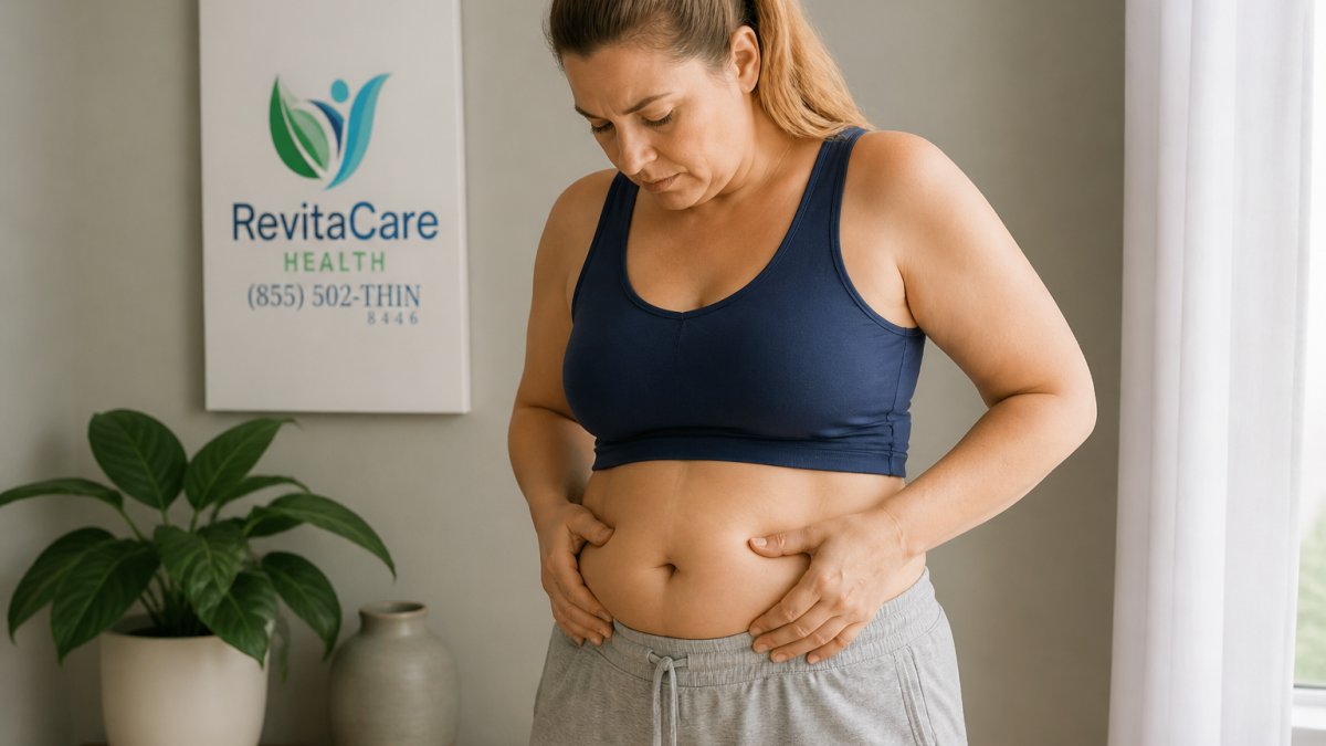 Woman looking down at her midsection, focusing on abdominal area with natural lighting, wearing comfortable casual clothing to show body contours