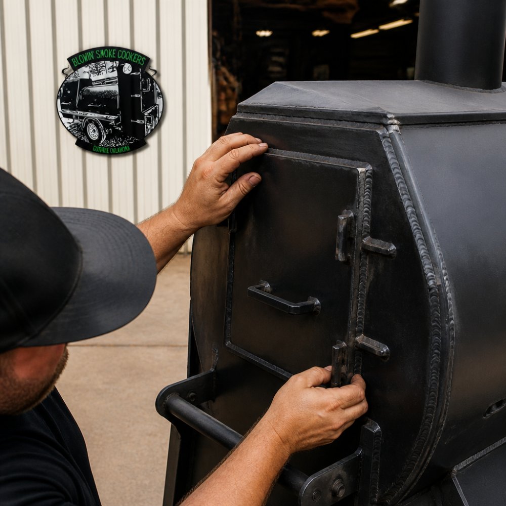 Hands closely inspecting the sturdy steel welding and construction of a BBQ smoker firebox outdoors