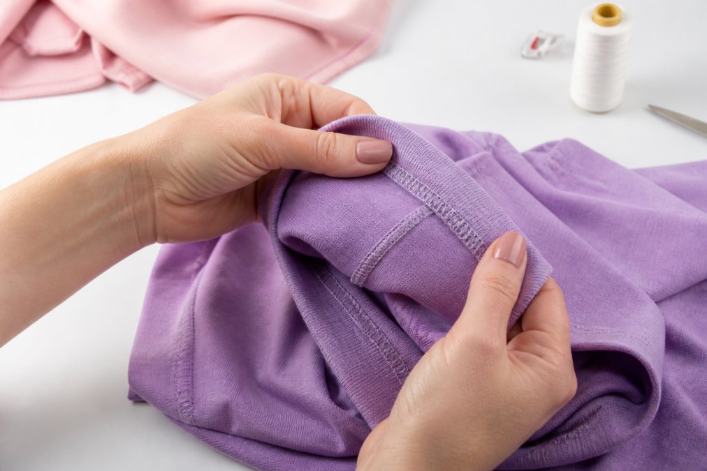 Close-up of hands turning a garment inside out to inspect the seam allowance and double stitching on a bright, clean table