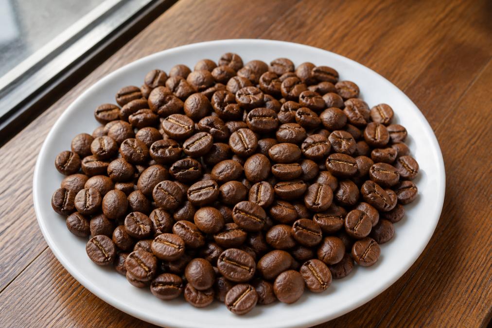 Close-up of freshly roasted specialty coffee beans displaying uniform medium-brown color with subtle surface oil sheen, arranged on a white ceramic plate with natural window lighting highlighting individual bean texture and consistency