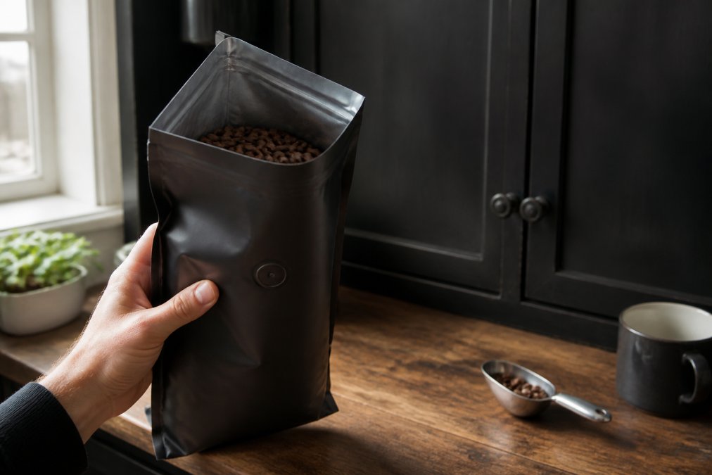 Hand holding open specialty coffee bag with visible one-way valve, positioned in front of a cool, dark kitchen cabinet with roast date label clearly visible on the bag, soft natural light from nearby window