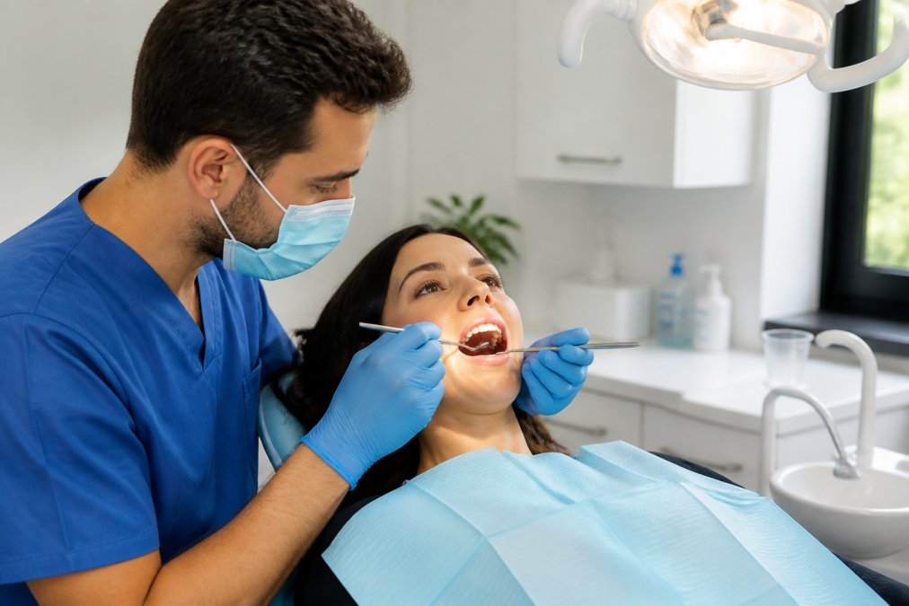 A dentist in blue gloves and a surgical mask performing a detailed oral examination on a relaxed patient in a modern dental chair, with a digital x-ray screen visible in the background and bright overhead lighting illuminating the clinical workspace