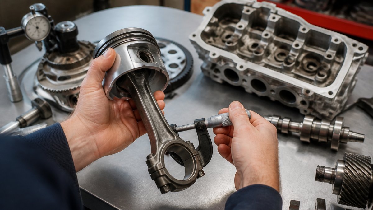 Professional mechanic's hands examining a precision-machined piston and connecting rod assembly under bright workshop lighting, checking for surface wear, scoring, and dimensional accuracy with precision measuring tools