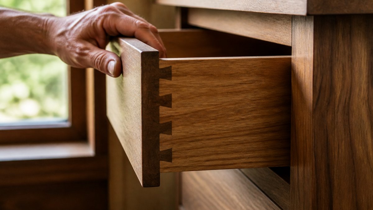 Close-up photograph of a wooden drawer joint showing dovetail interlocking, a hand resting gently on the open drawer, warm natural light from a nearby window