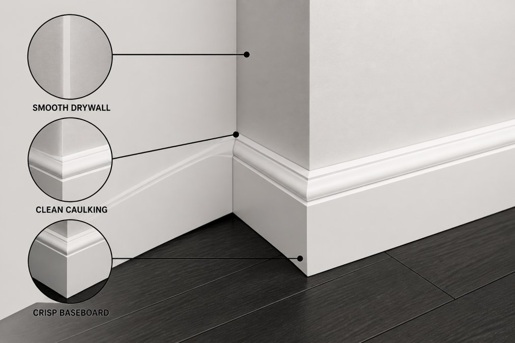 Professional home inspector examining finished interior corner showing crisp baseboard trim, clean caulking lines, and smooth drywall transition with professional paint application
