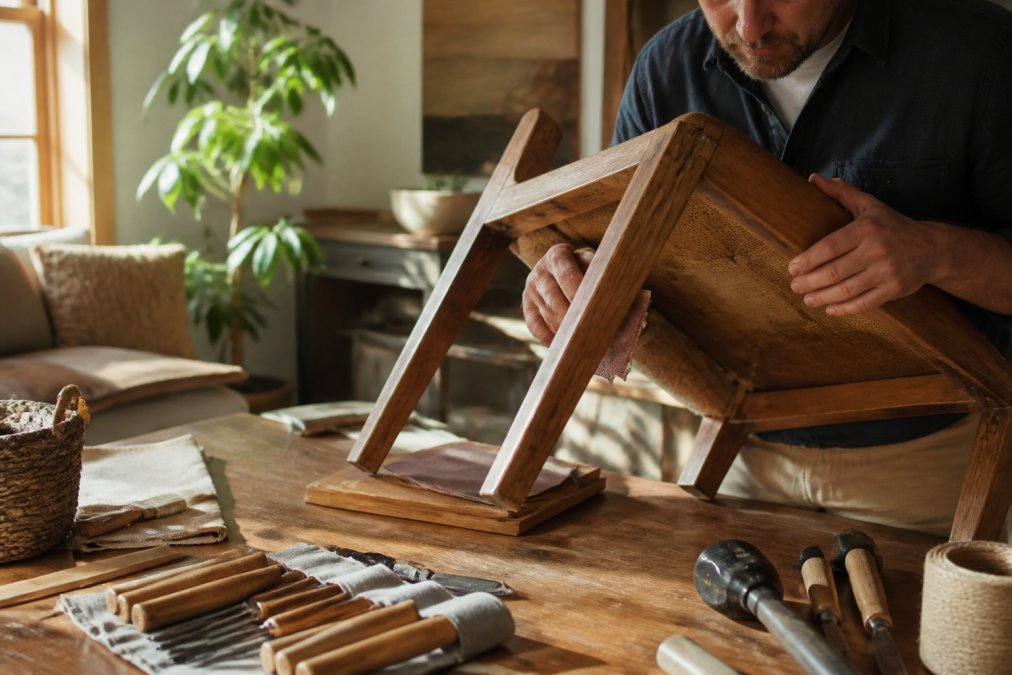 Hands inspecting the dovetail joints and solid wood frame of a dining chair in a sunlit room