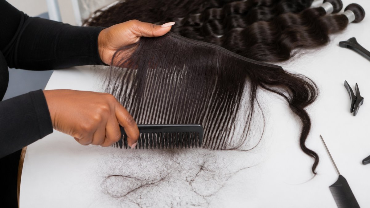 Close-up of hands running a wide-tooth comb through a section of long hair weft, with loose strands visible on a light surface below