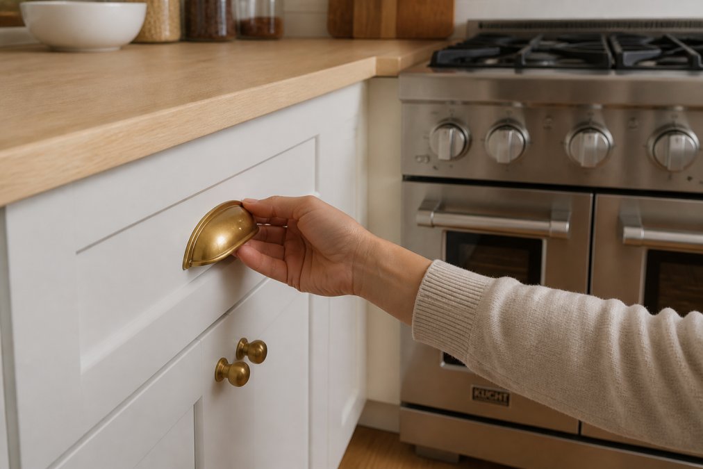 Close-up of a hand gripping a solid brass cabinet drawer pull on a white shaker cabinet door, showing the weight and texture of the hardware in warm natural kitchen lighting