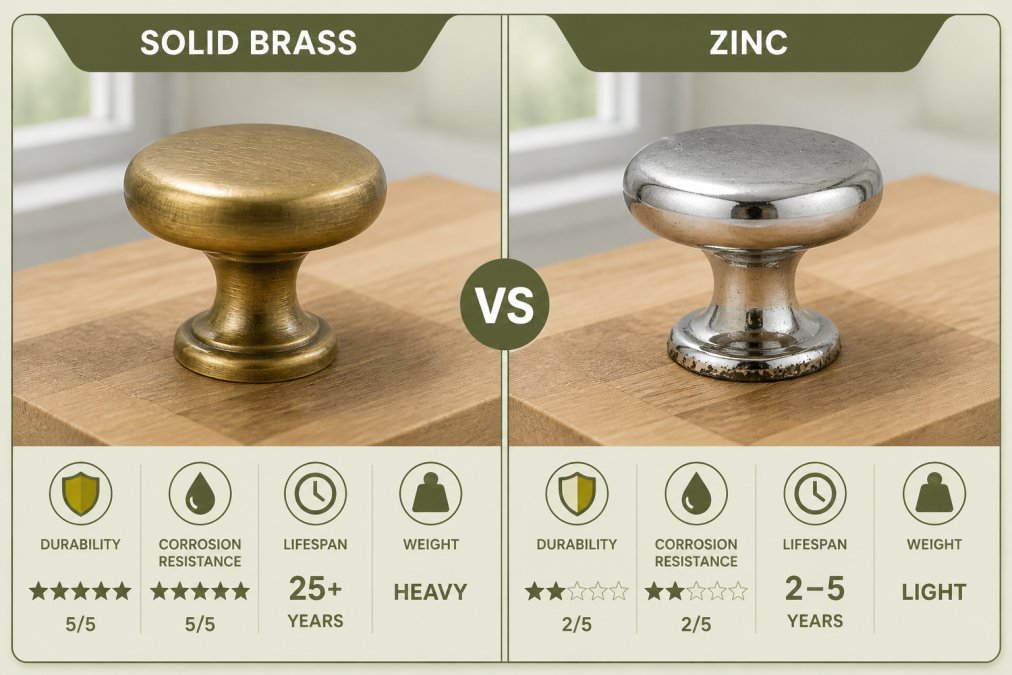 Side-by-side close-up of two cabinet knobs resting on a wooden butcher block surface, one showing a warm aged solid brass patina and one showing a shinier plated zinc finish with minor surface wear near the base, photographed in bright natural window light