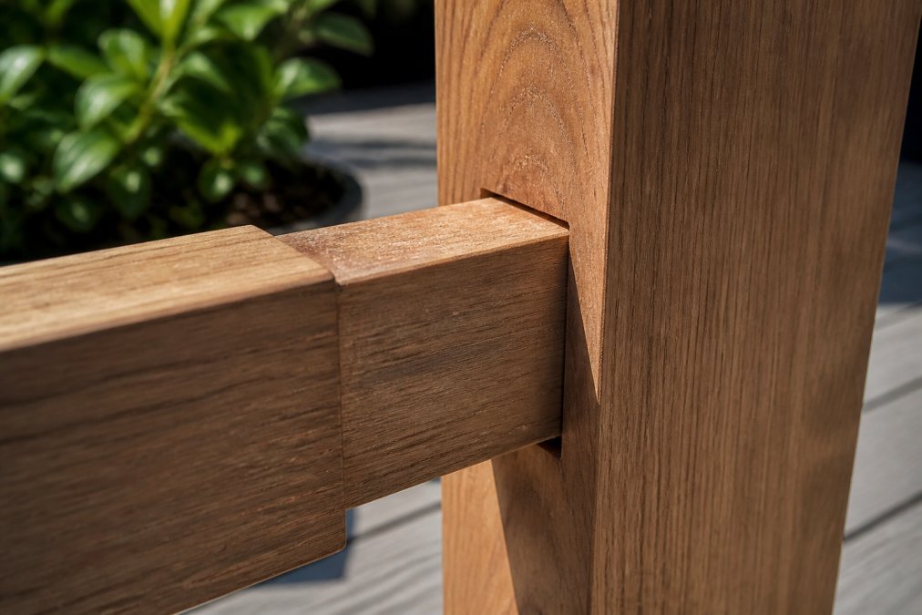 Close-up of mortise and tenon wooden joinery on outdoor furniture frame, showing precisely fitted wooden joint connection with visible grain detail under natural sunlight