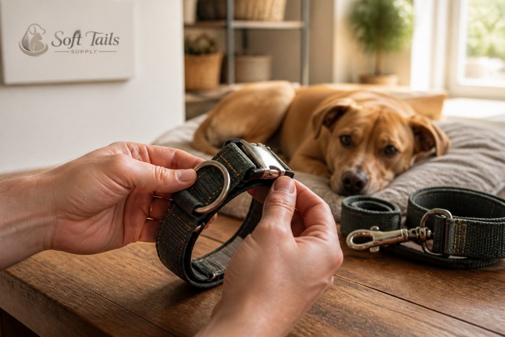 Close-up of hands examining the stitching and metal hardware on a sturdy dog collar, with a dog resting nearby in a bright home setting