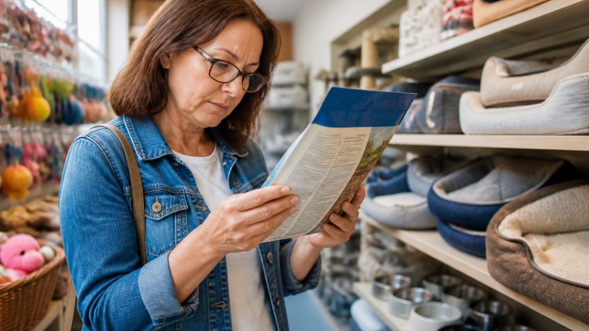 Pet parent carefully examining a pet product package in natural lighting, reading the label closely with reading glasses, showing focus and attention to detail