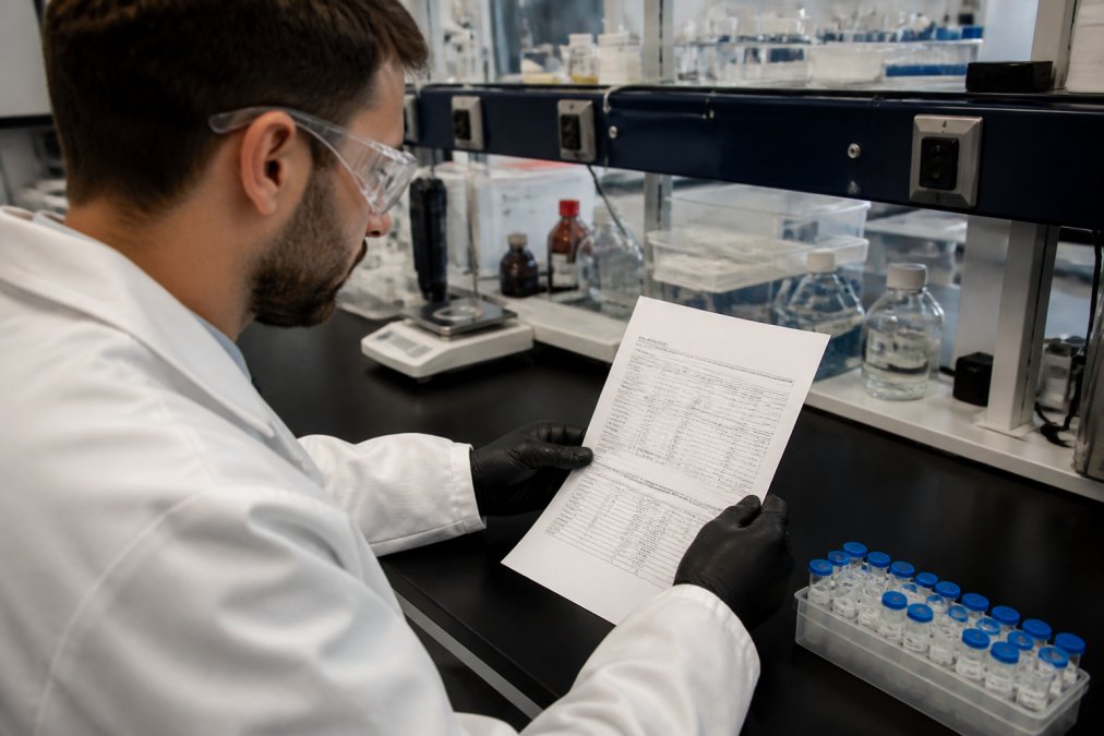 Researcher in a lab coat reviewing a Certificate of Analysis for research peptides at a laboratory bench
