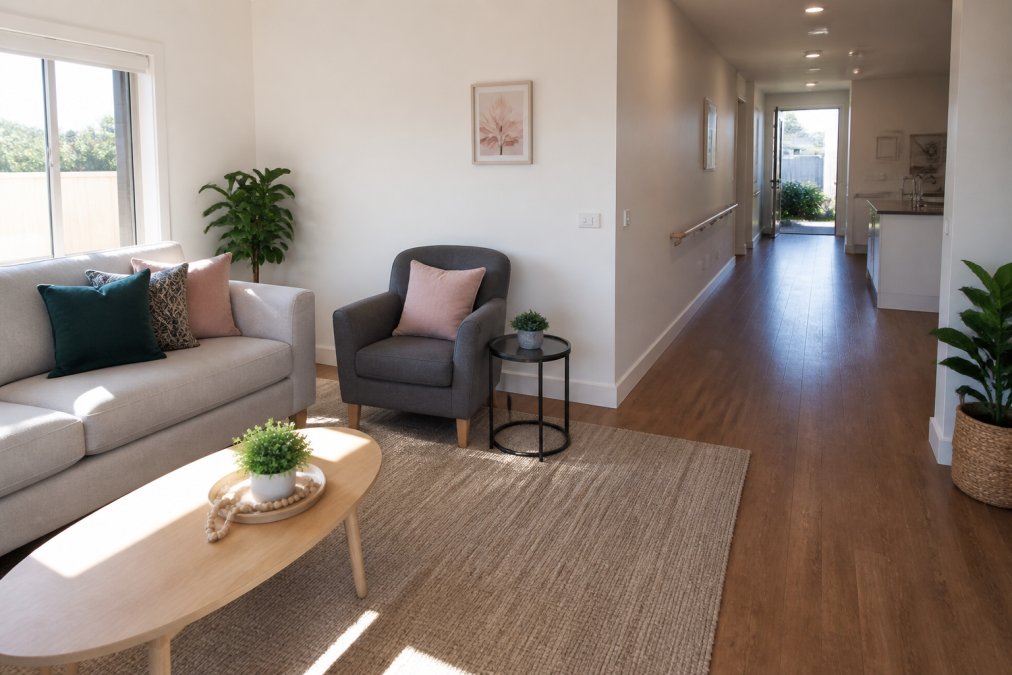 Bright, clean living room in a residential home with accessible features, showing comfortable furniture, clear pathways, natural light from windows, and well-maintained spaces
