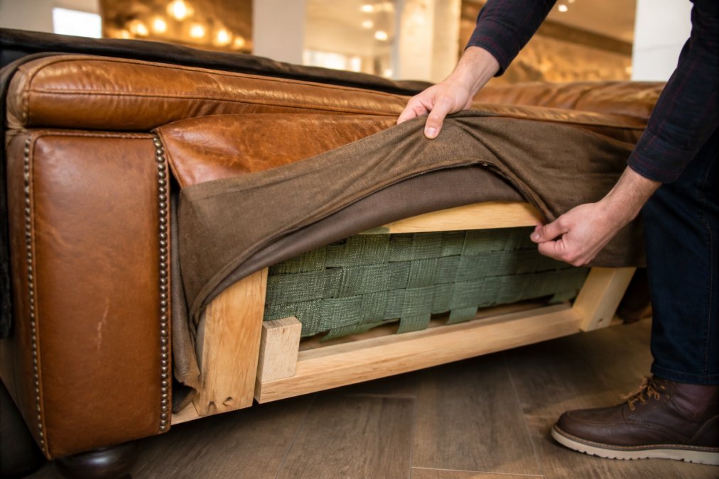 Close-up of hands lifting the fabric dust cover to inspect wooden frame joints and webbing underneath a high-quality sofa in a bright showroom setting