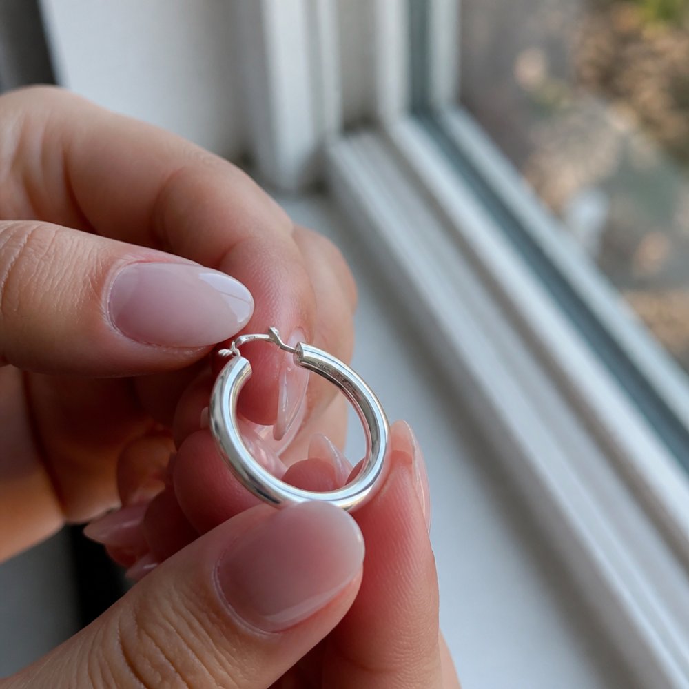 Close-up of a silver hoop earring showing the 925 hallmark stamp used to identify sterling silver purity.