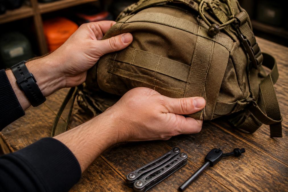 Infographic showing key material indicators of high quality survival gear through close-up backpack inspection