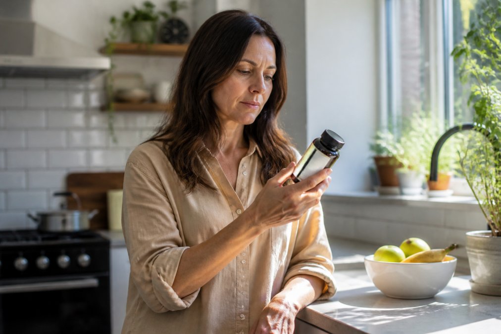 A woman in her 40s standing in a bright modern kitchen, holding a supplement bottle up to read the label carefully in natural daylight streaming through a window