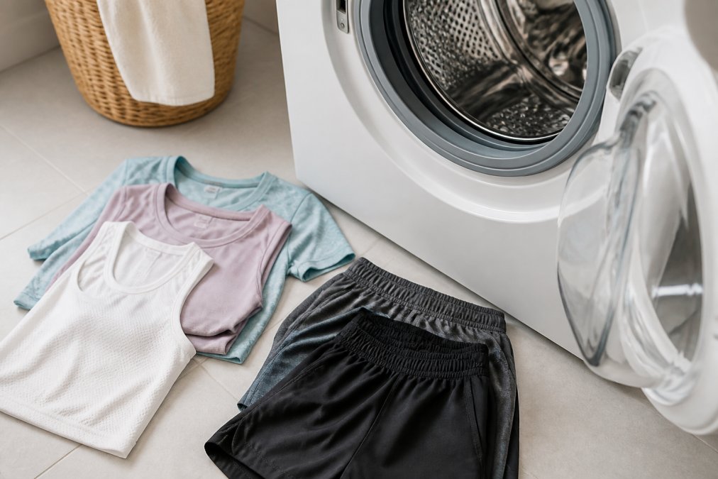 Flat lay of athletic wear sorted on white surface, showing delicate moisture-wicking tops separated from heavier training shorts next to an open washing machine