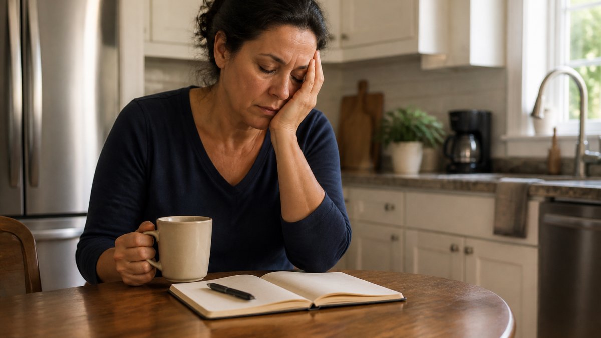 A middle-aged adult sitting at a kitchen table looking tired and holding a cup of coffee, with a notebook and pen nearby, conveying fatigue and the need to track symptoms