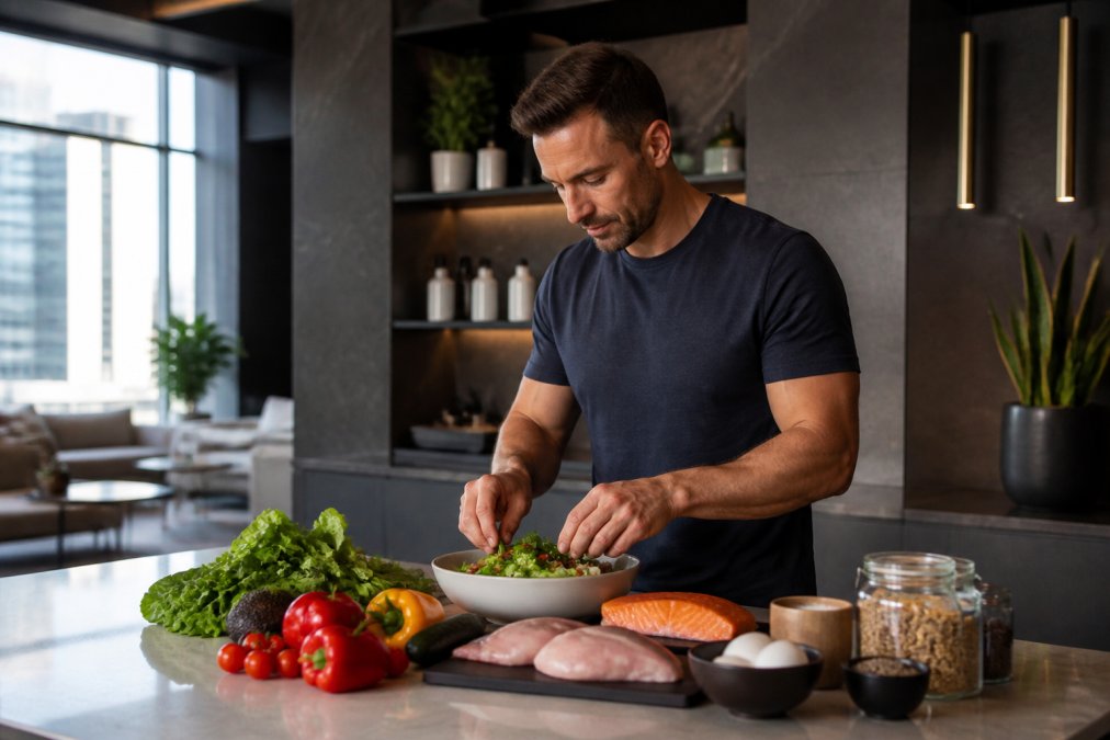 Step-by-step visual guide for fit and man and his concepts for hormonal imbalance men