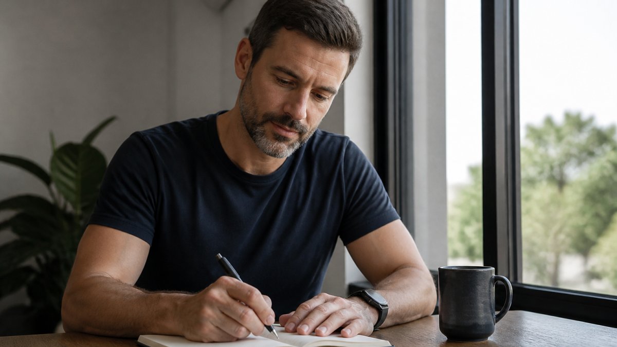 Man in casual clothing sitting at a table with a notebook and pen, writing down notes with a thoughtful expression, natural lighting from a nearby window