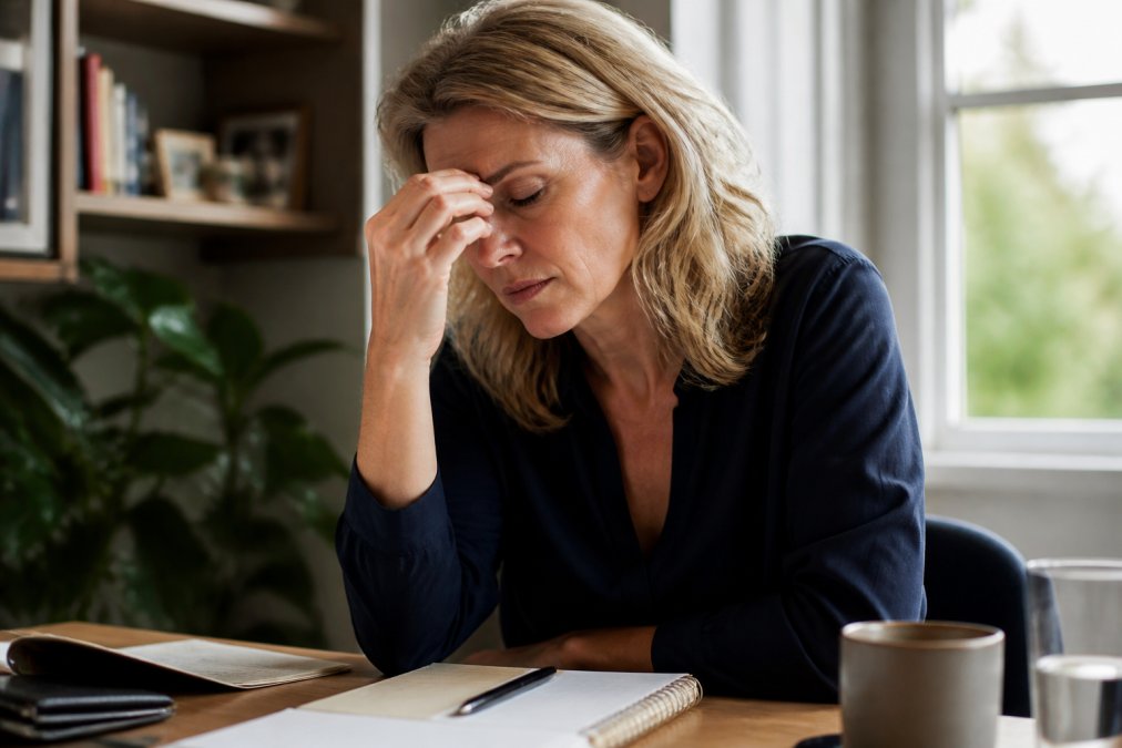 Woman in her 40s at a desk with hand to forehead, appearing fatigued with natural window lighting, suggesting tiredness and difficulty concentrating