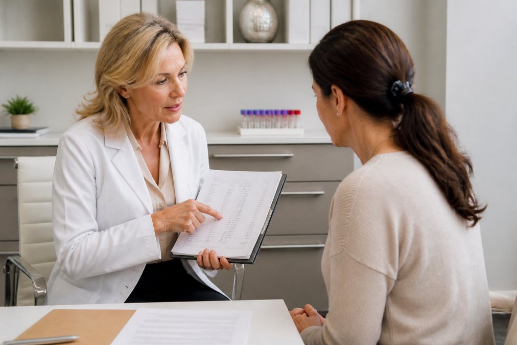 Doctor explaining blood test results for a hormone imbalance to a patient on a tablet in a medical office