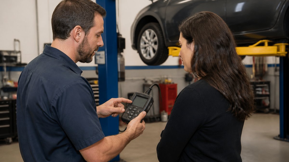 A technician in a clean auto shop holding an OBD-II scanner, showing the screen to a customer standing beside a car on a lift