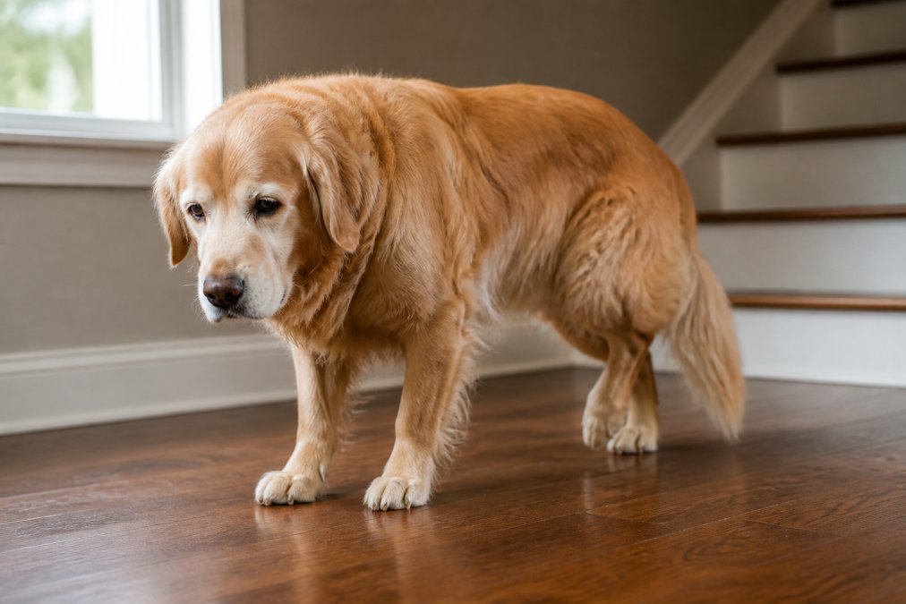 Senior golden retriever limping slightly while walking on a hardwood floor indoors, showing reluctance in rear leg movement with visible favoring of one side, natural window lighting