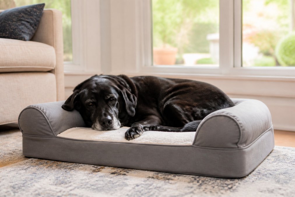 Elderly black Labrador resting peacefully on a thick memory foam orthopedic dog bed with bolster sides in a bright living room with natural sunlight streaming through windows