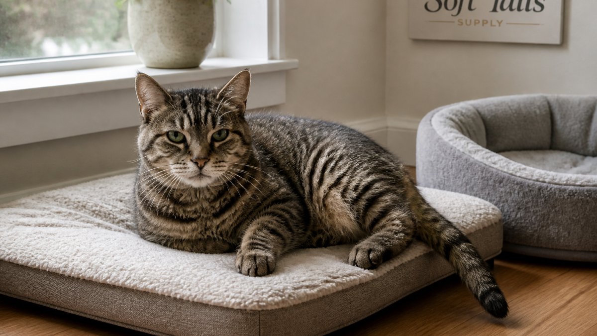 A senior tabby cat resting on a low cushioned bed near a sunny window, one hind leg tucked awkwardly, with a soft plush cat bed visible nearby