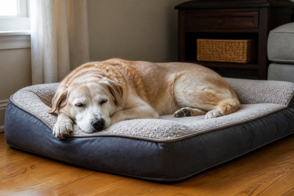 Senior dog resting comfortably on a memory foam orthopedic bed in a cozy living room corner with soft natural lighting, showing relaxed posture and peaceful rest